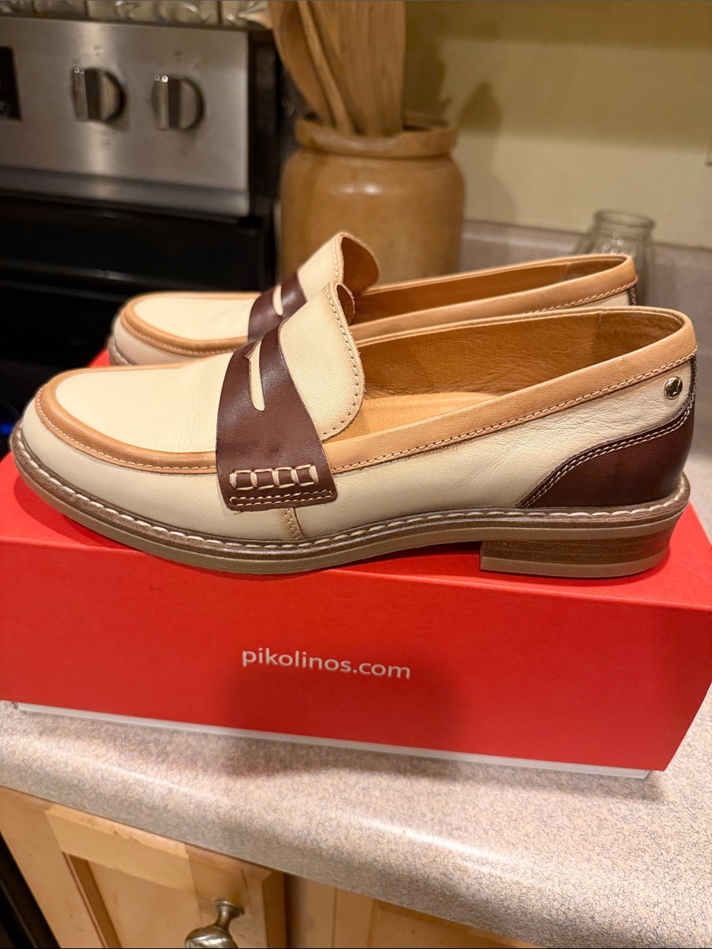 PIKOLINOS Tri-Tone Cream and Brown Leather Penny Loafers